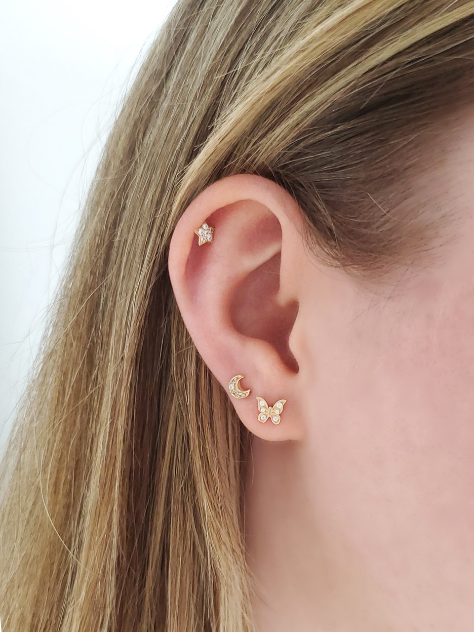 Noel 14K Gold Tiny CZ Stud Earrings, 4 Style Options, Single or Pair