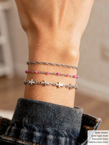 Valerie Unfinished Cross Bracelet Chain, Gold or Silver PVD Stainless Steel