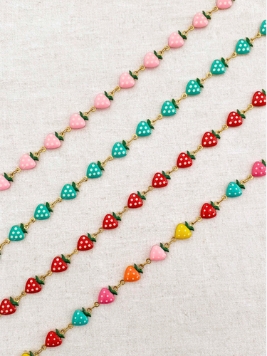 Unfinished Strawberry Bracelet Chain, PVD Stainless Steel, Gold and Enamel