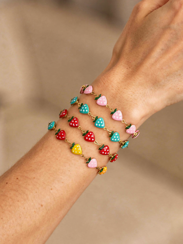 Unfinished Strawberry Bracelet Chain, PVD Stainless Steel, Gold and Enamel