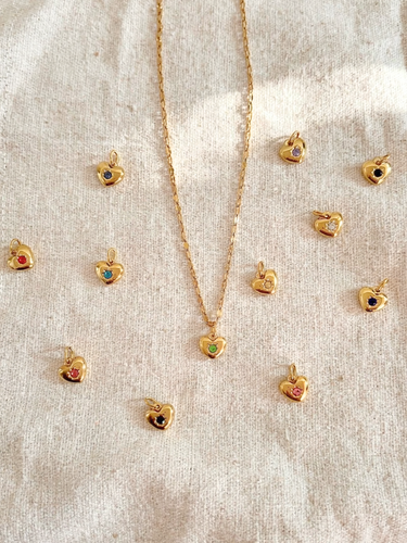 Olivia Gold Heart Birthstone Necklace Pendant, 12 Colors PVD Stainless Steel