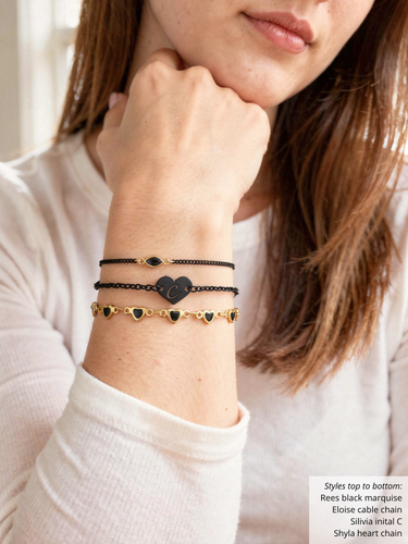 Silvia Black Heart Initial Bracelet Connector, PVD Stainless Steel