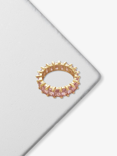 Dainty Bexley Pink Eternity Baguette Statement Ring Gold Plated With Cubic Zirconia