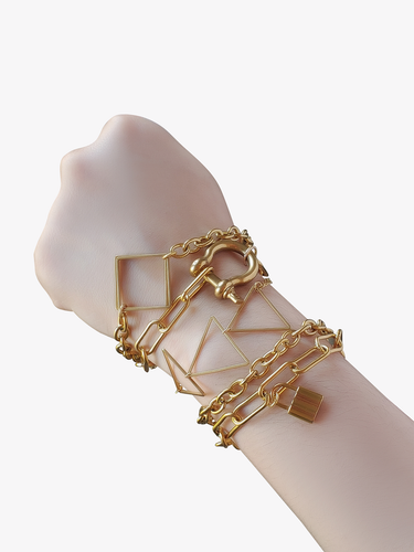 5 Styled Gold Custom Bracelets stacked on Arm. First Bracelet is a Thick Gold Cuban Chain with a Thin Gold Square Shape Connector. Second Bracelet is a Custom Made Gold Paperclip Chain with Thick Screw Lock Connector. Third Bracelet is Made of Multiple Thin Gold Triangle Shape Connectors linked together with a Lobster Clasp. Fourth Bracelet is a Thick Gold Chain. Last Bracelet is a Thick Gold Paperclip CHain with a Stainless Steel Rosalee Lock Charm Pendant | Mojo Supply Co
