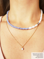 Pearl and Blue and White Choker Layered with Sparkling Opal Gold Pendant On A Dainty Necklace