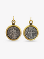 Standing Both Sides Of A Gold & Silver Double Sided Coin Necklace Pendant Saint on one side and cross on the other | Mojo Supply Co