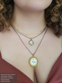 Woman Wearing Two Gold Filled Necklaces Layered With A Double Sided Small Coin Pendant And A Double Sided Large Coin Charm | Mojo Supply Co