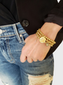 Woman Wearing Three Gold Bead Ball Bracelets with Gold Coin Bracelet Charm and Dainty Gold Lotus Flower Bracelet Charm. | Mojo Supply Co