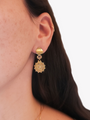 Women Wearing  flat gold earring findings, pink stone connector, and celestial gold earring charms with half moon design and white opal center stone | Mojo Supply Co