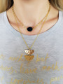 Women Wearing Isabella Gold Semi Circle Connector Pendant 1