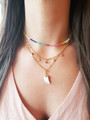 Woman in Colorful Necklace Layers With Tiny Birthstone Charms