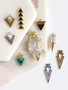 Collection of 9 Arrow Triangle Shape Earring Charms in Various Styles, Metals, and Colors. 1 Gold and White Howlite Arrow Earring Charm. 1 Silver and White Howlite Stone Earring Charm. 1 Gold and Turquoise Arrow Earring Charm. 1 Black Marble Multi Triangle Long Drop Earring Charm. 1 Clear Crystal and Gold Arrowhead Charm Pendant. One Dainty Black and Gold Triangle Arrow Earring Charm. 1 Dainty CZ and Gold Spear Earring Charm. 1 Gold and 1 Silver Long Double Arrow Earring Charm. | Mojo Supply Co