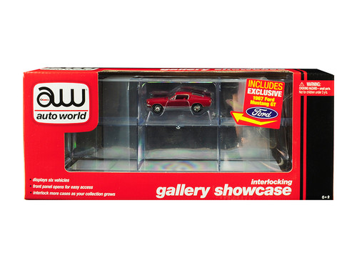 6 Car Interlocking Acrylic Display Show Case with 1967 Ford Mustang GT Red for 1/64 Scale Model Cars by Autoworld