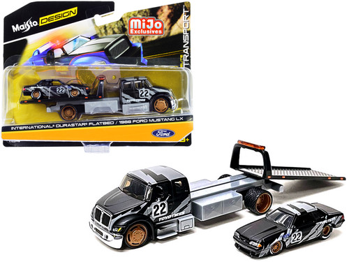 International DuraStar Flatbed Truck #22 and 1988 Ford Mustang LX #22 Matt Black with Gray Graphics "Toyo Tires" "Elite Transport" Series 1/64 Diecast Models by Maisto