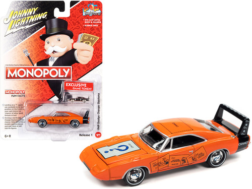 1969 Dodge Charger Daytona "Chance" Orange with Black Tail Stripe and Graphics with Game Token "Monopoly" "Pop Culture" 2022 Release 1 1/64 Diecast Model Car by Johnny Lightning