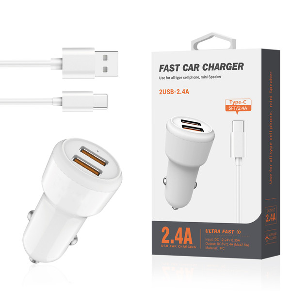 Reiko Typec Portable Car Charger With Built In 3 Ft Cable In White