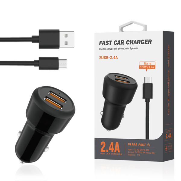 Reiko Micro Portable Car Charger With Built In 3 Ft Cable In Black