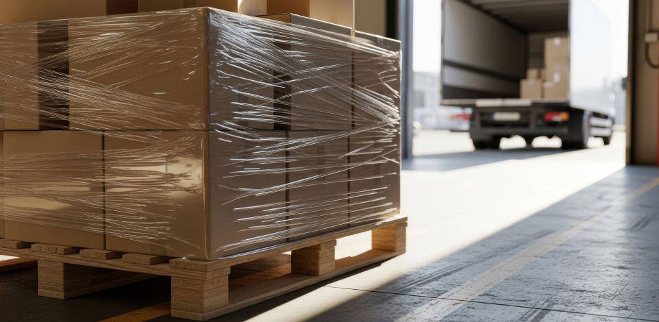 Optimized shipping boxes stacked on warehouse pallets for delivery