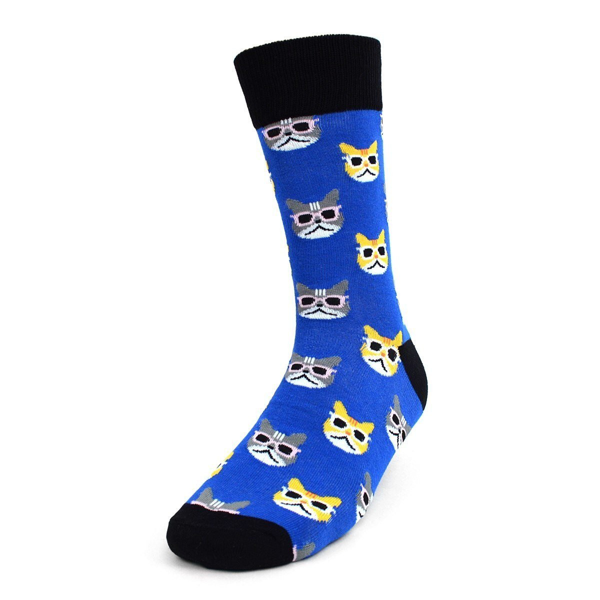 Men's Cool Gray and Yellow Cats in Sunglasses Pattern Crew Novelty Socks - Blue Black