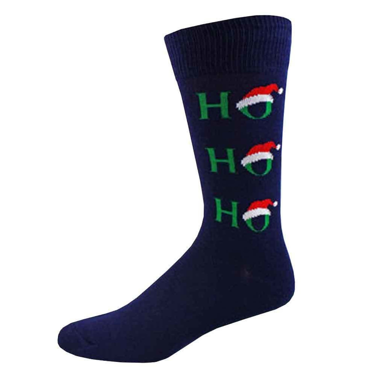 Pair of Men's Ho Ho Ho Christmas Hat Pattern Novelty Crew Socks - Navy Blue