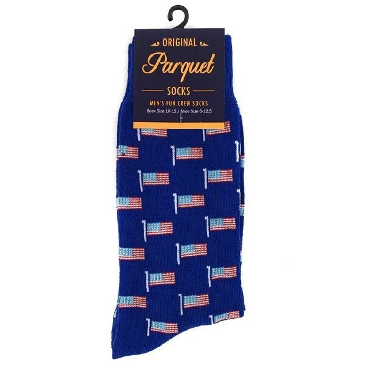 Men's U.S.A. American Flags on Poles Pattern Crew Novelty Socks - Blue