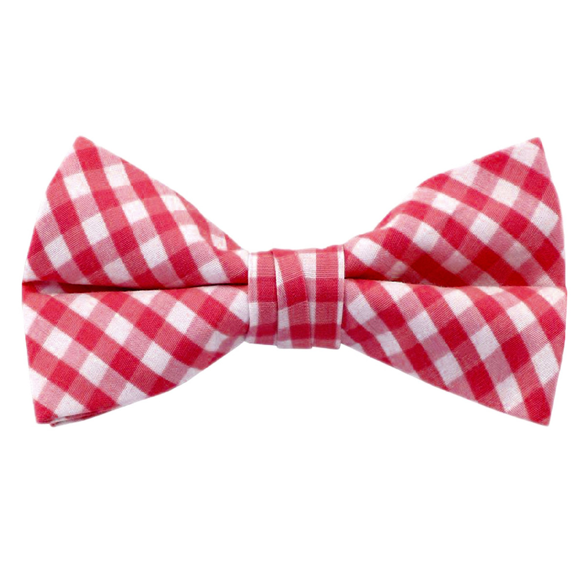 Men's Gingham Checkered Pattern Pre-Tied Clip-On Bow Tie - Red