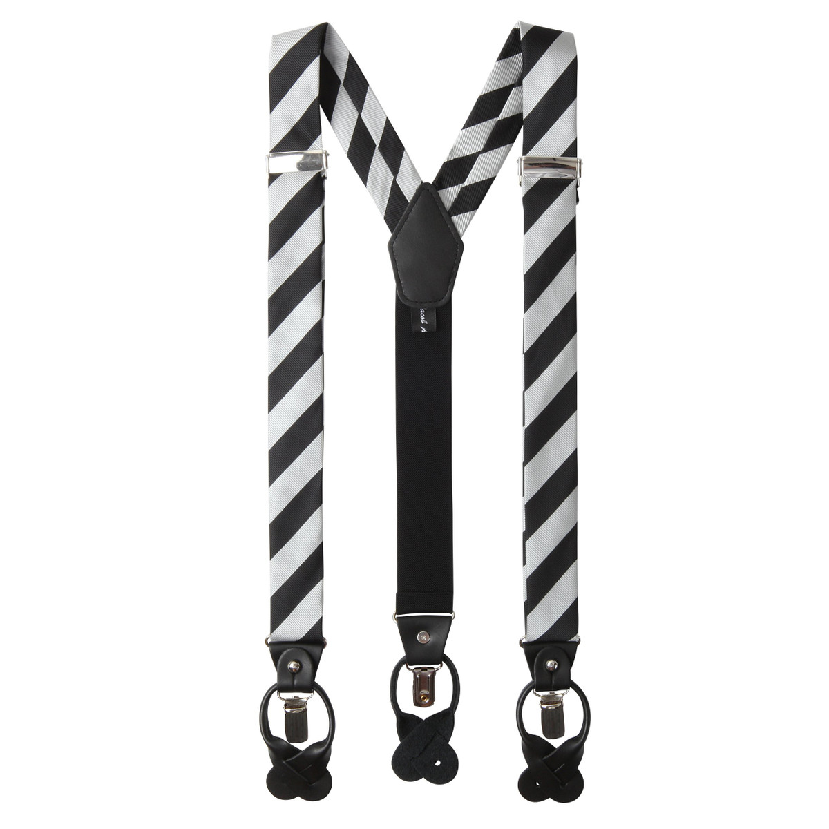 Men's College Stripe Y-Back Suspenders Braces Convertible Leather Ends and Clips - Silver Black
