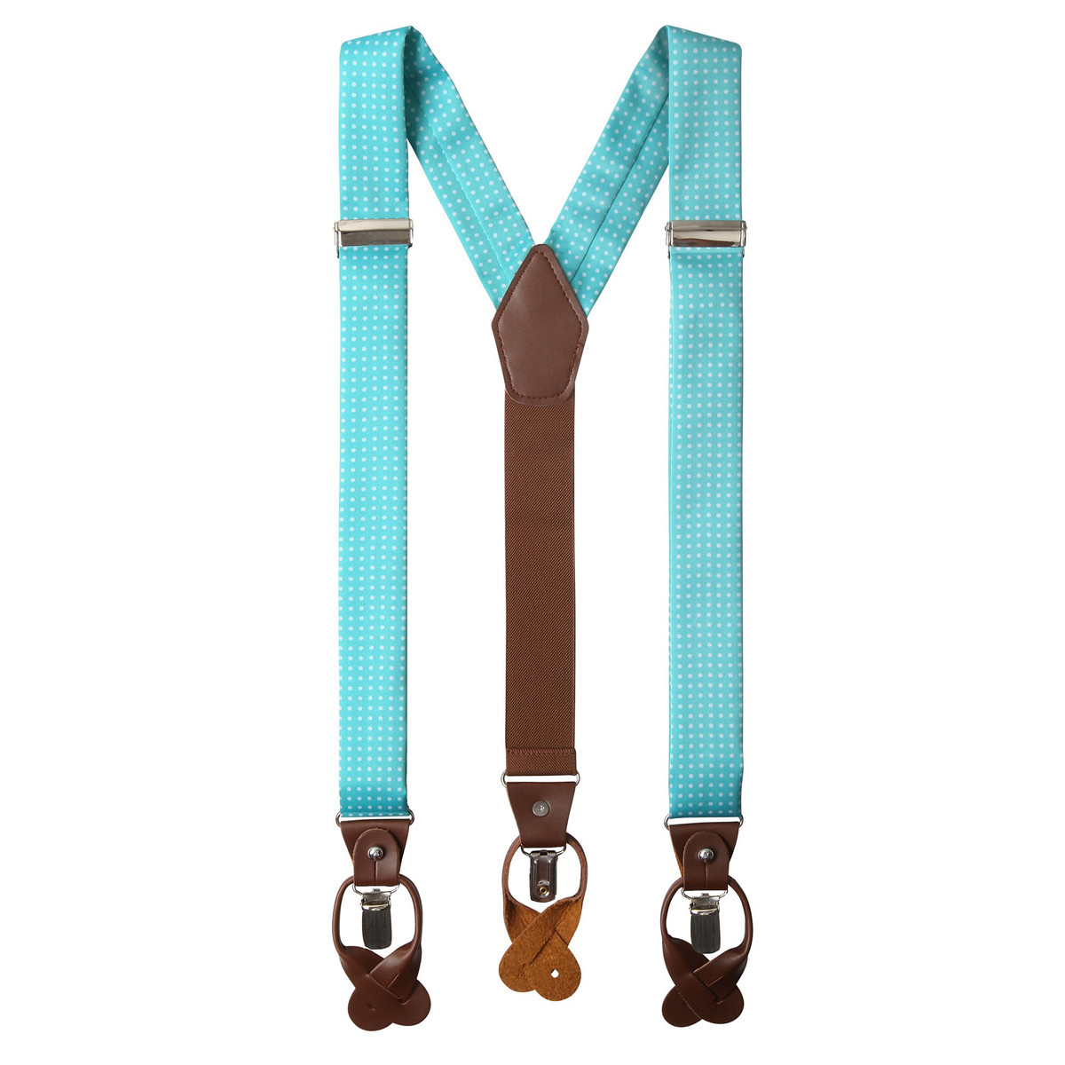 Men's Polka Dot Y-Back Suspenders Braces Convertible Leather Ends and Clips - Aqua