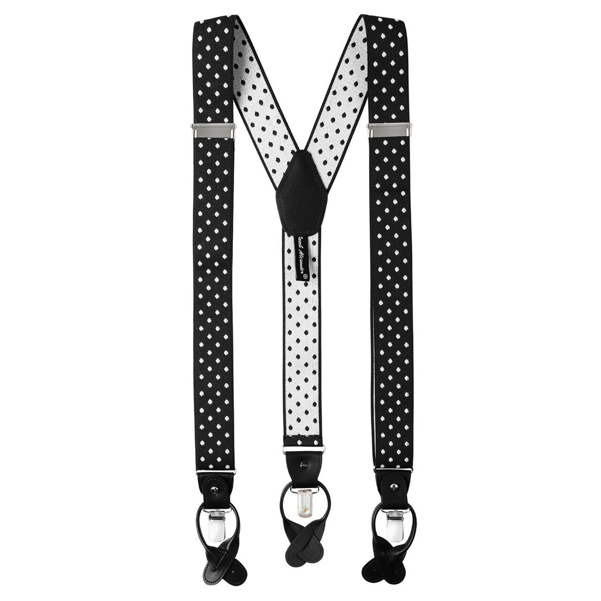 Men's Large Dots Y-Back Suspenders Braces Convertible Leather Ends Clips - Black White