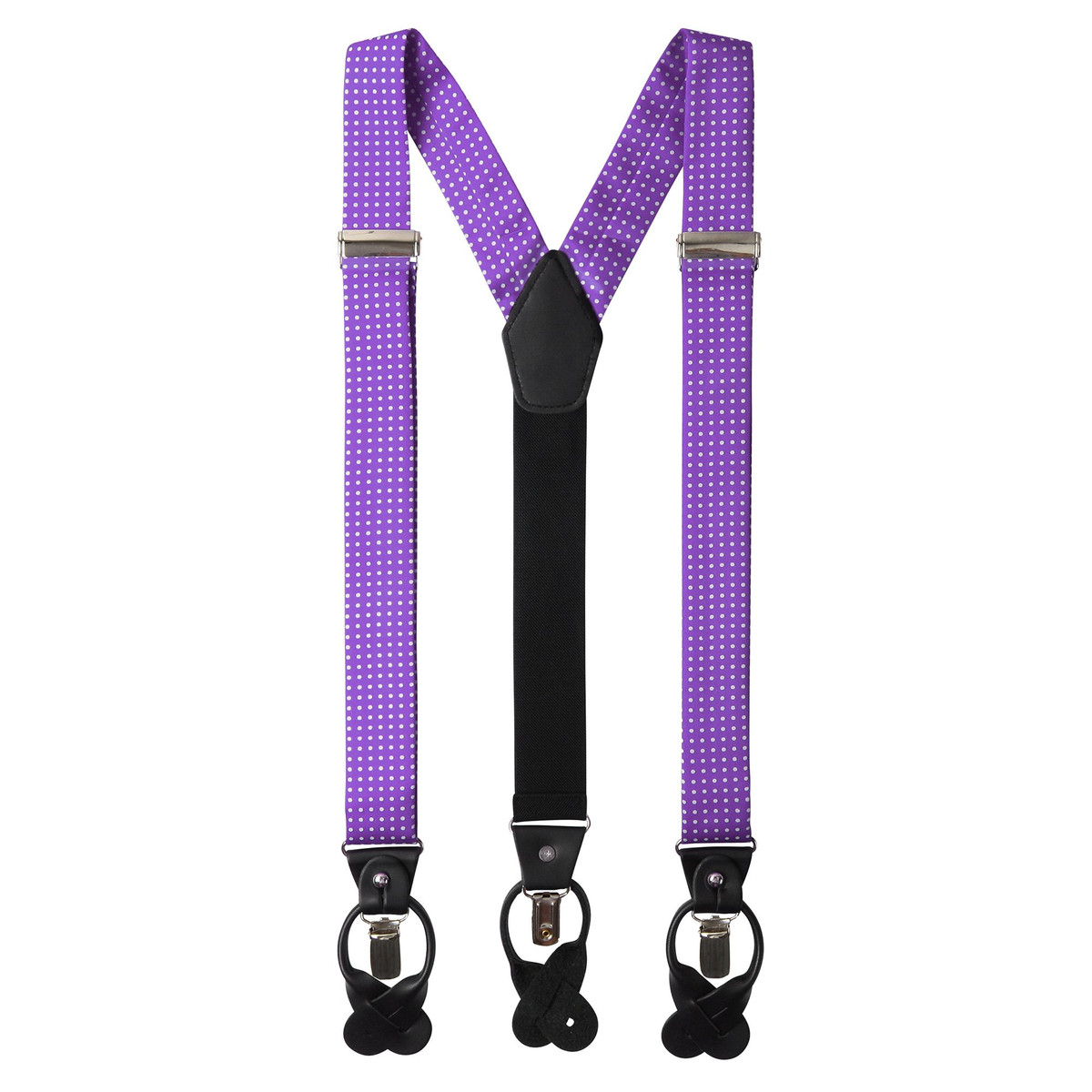 Men's Polka Dot Y-Back Suspenders Braces Convertible Leather Ends and Clips - Purple