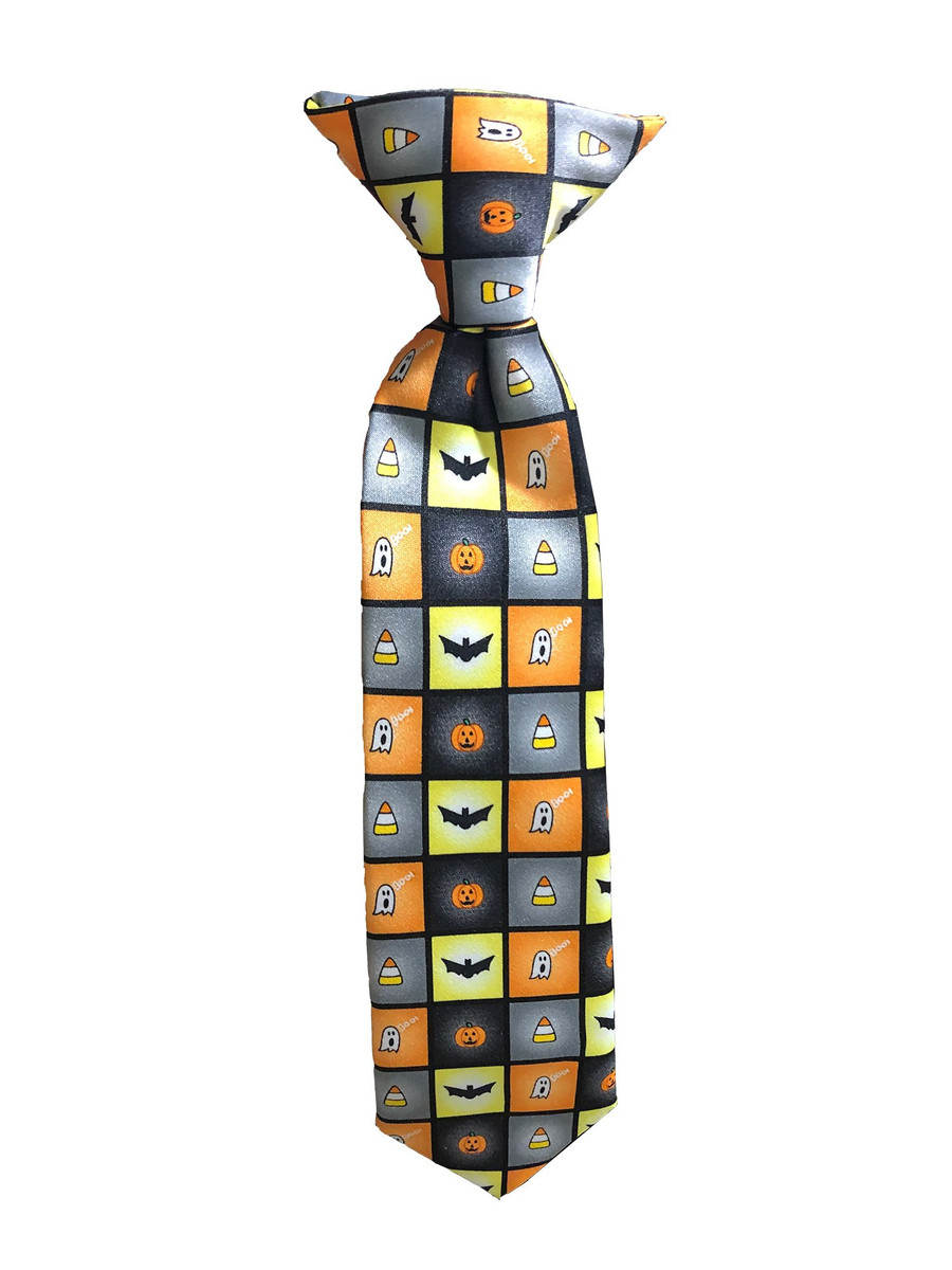 Young Boys' Spooky Halloween Squares Jack-O'-Lantern Ghost Candy Corn Bats 11 inch Pre-Tied Clip-On Neck Tie