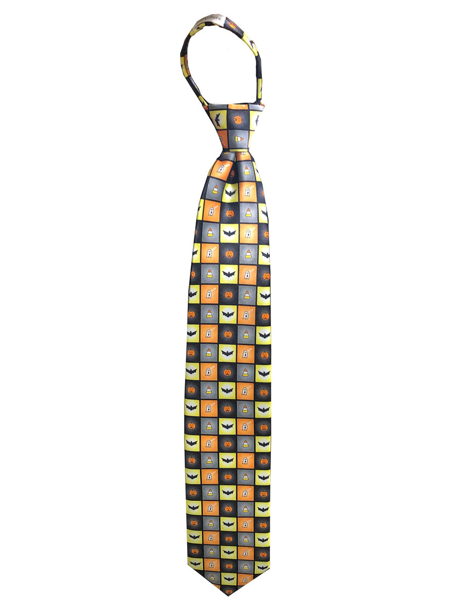 Men's Spooky Halloween Squares Jack-O'-Lantern Ghost Candy Corn Bats Pre-Tied Zipper Neck Tie