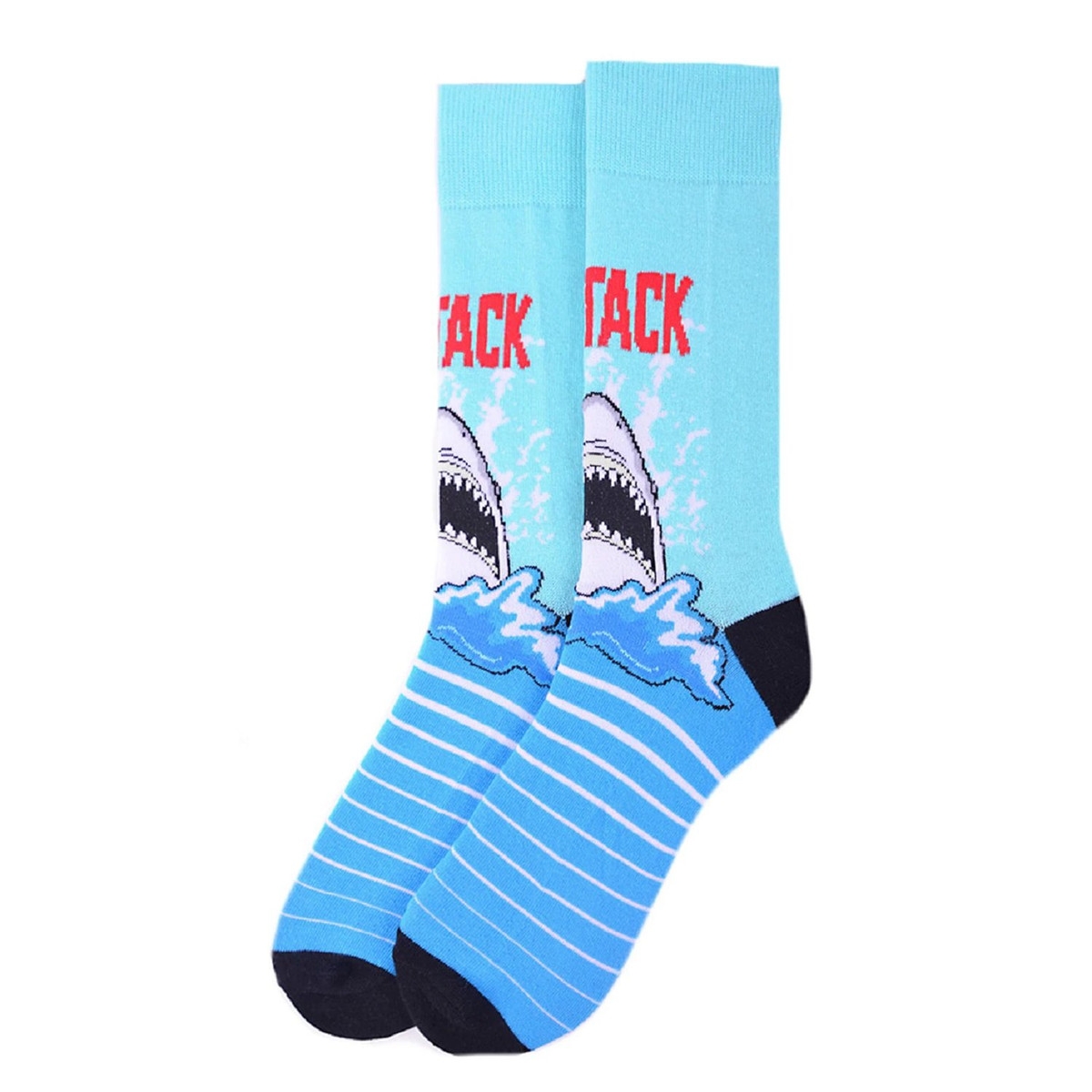Pair of Men's Shark Attack Stripe Crew Novelty Socks - Blue