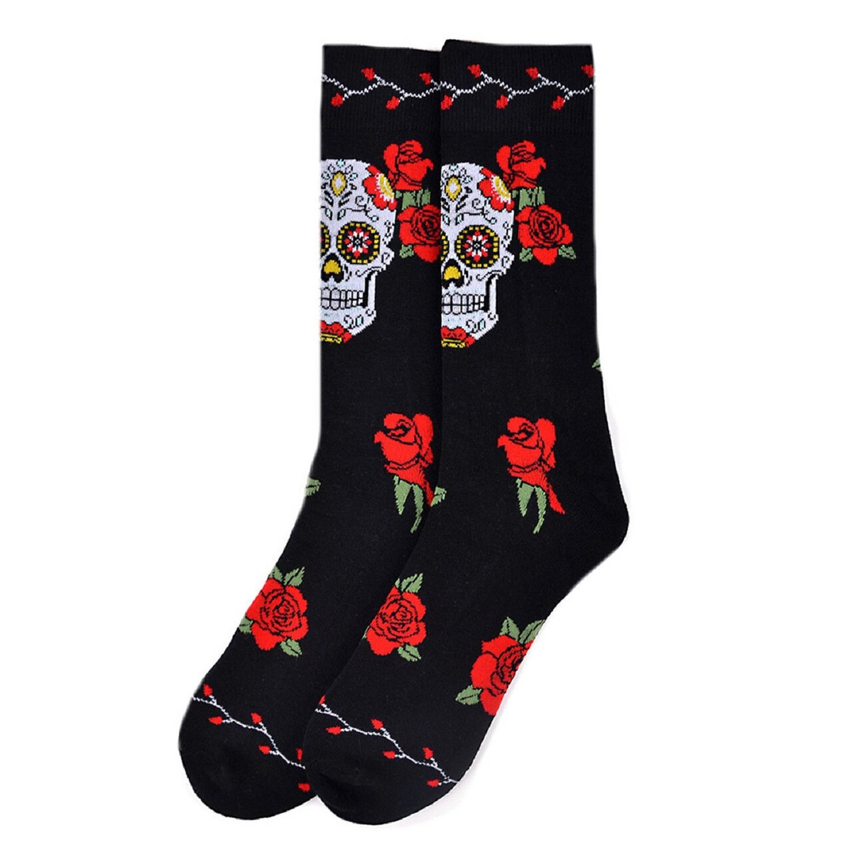 Pair of Men's Sugar Skull Crew Novelty Socks - Black