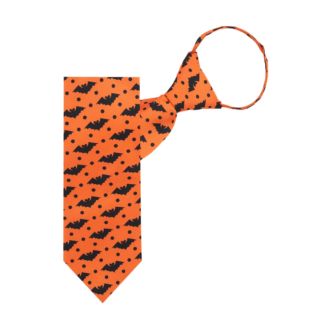 Men's Spooky Bats Dotted Pattern Happy Halloween Pre-Tied Zipper Neck Tie - Orange Black