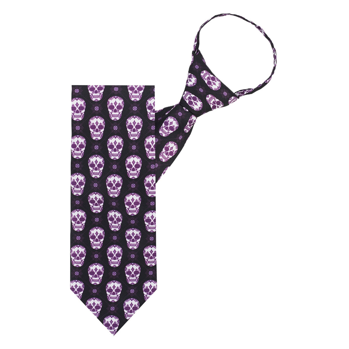 Men's Sugar Skull Geometric Floral Happy Halloween Pre-Tied Zipper Neck Tie - Black Purple