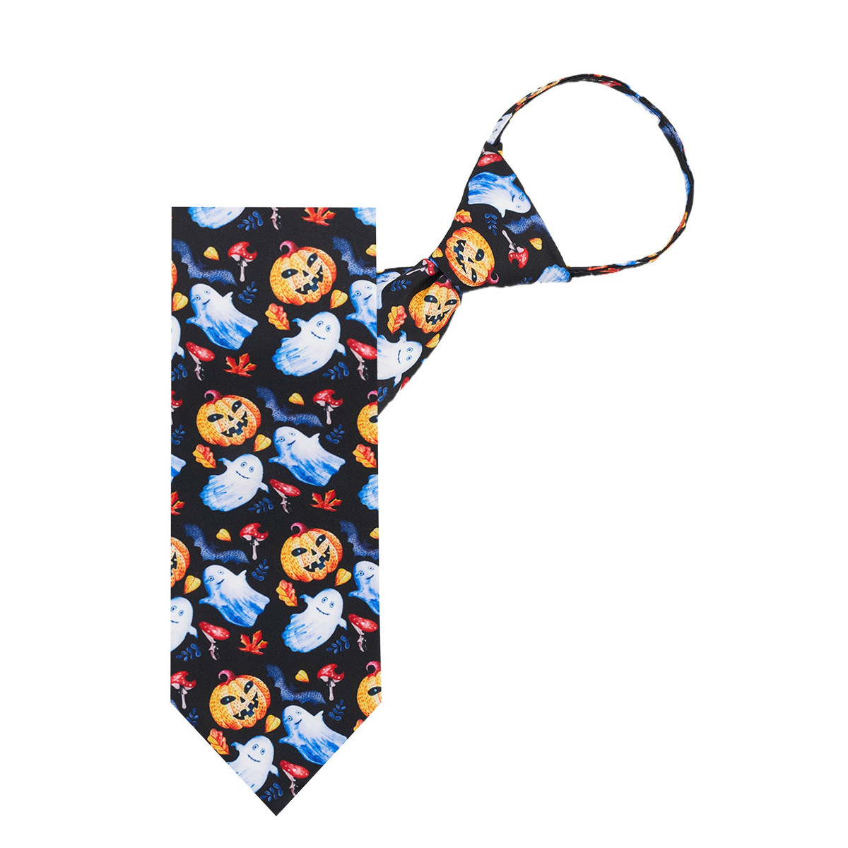 Men's Jack-O'-Lantern Ghost Bats Fall Leaves Happy Halloween Pre-Tied Zipper Neck Tie - Black