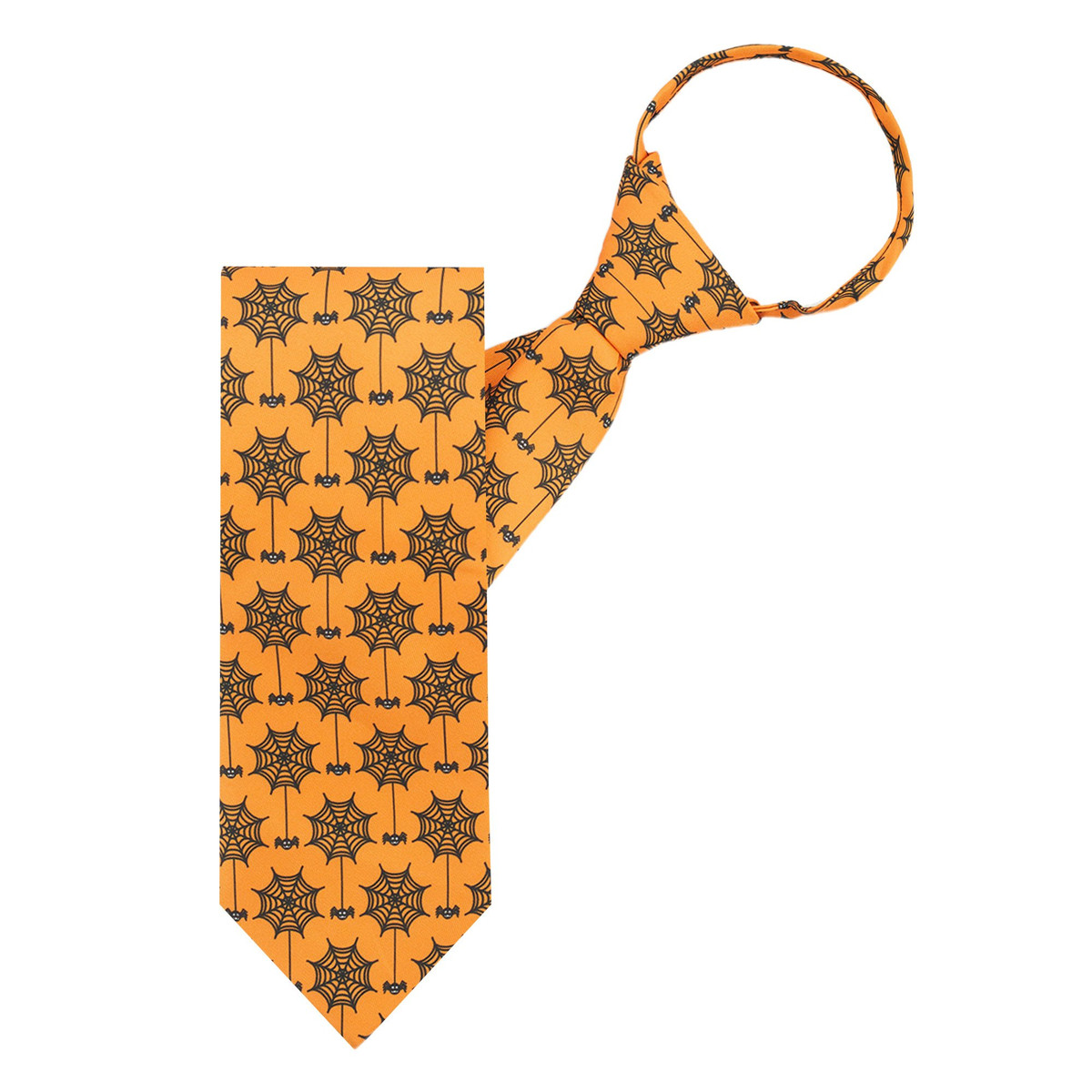 Men's Spiders Webs Pattern Happy Halloween Pre-Tied Zipper Neck Tie - Yellow Orange