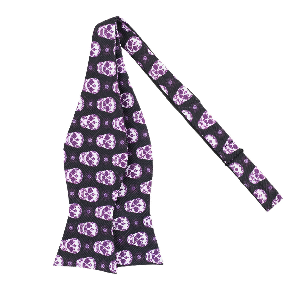 Men's Sugar Skull Geometric Floral Happy Halloween Freestyle Self-Tie Bow Tie - Black Purple