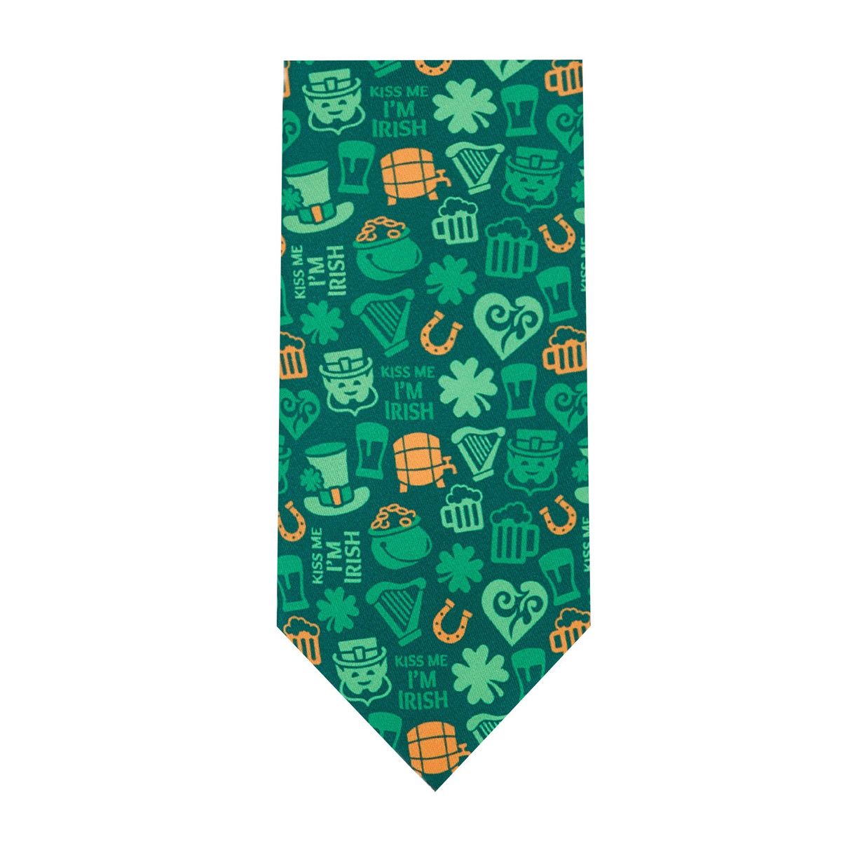 Men's Kiss Me I'm Irish Lucky Symbols Pattern Extra Long Neck Tie - Green