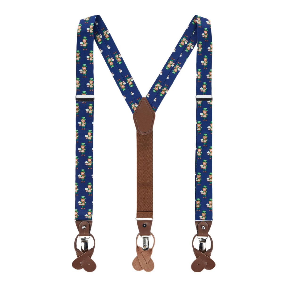 Men's Leprechaun Holding Drinks Pattern Suspenders - Navy Blue