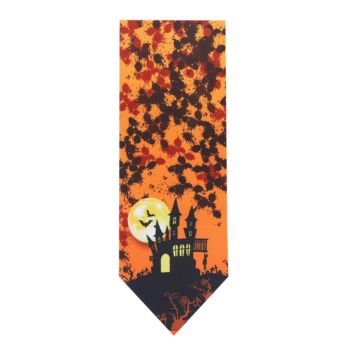Men's Spooky Haunted House Full Moon Paint Splatter Pattern Happy Halloween Neck Tie - Orange