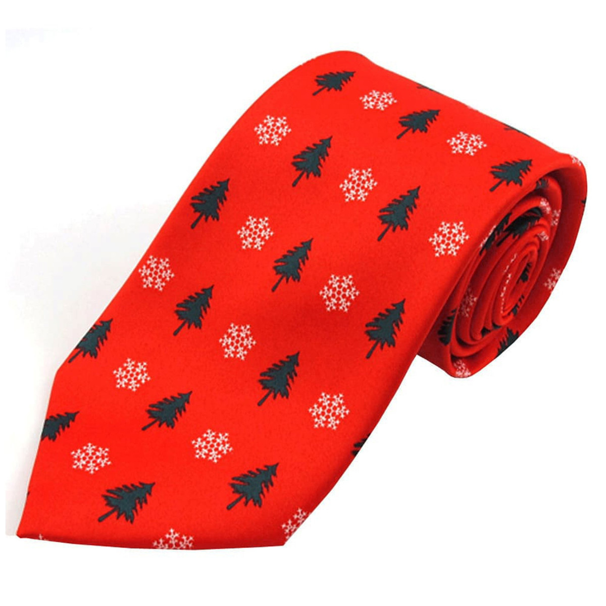 Men's Red Orange Christmas Trees Snowflakes Motif Neck Tie