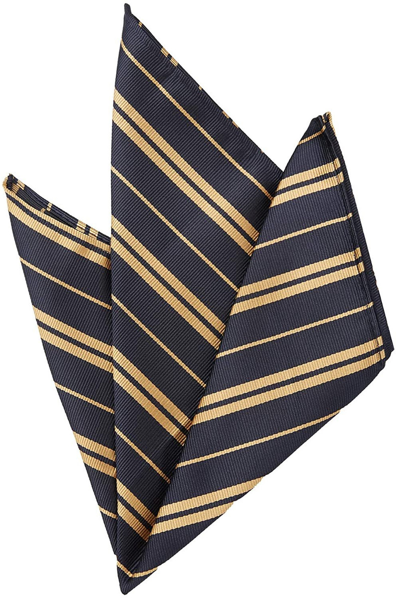 Woven Double Gold Stripe Pocket Square - Navy