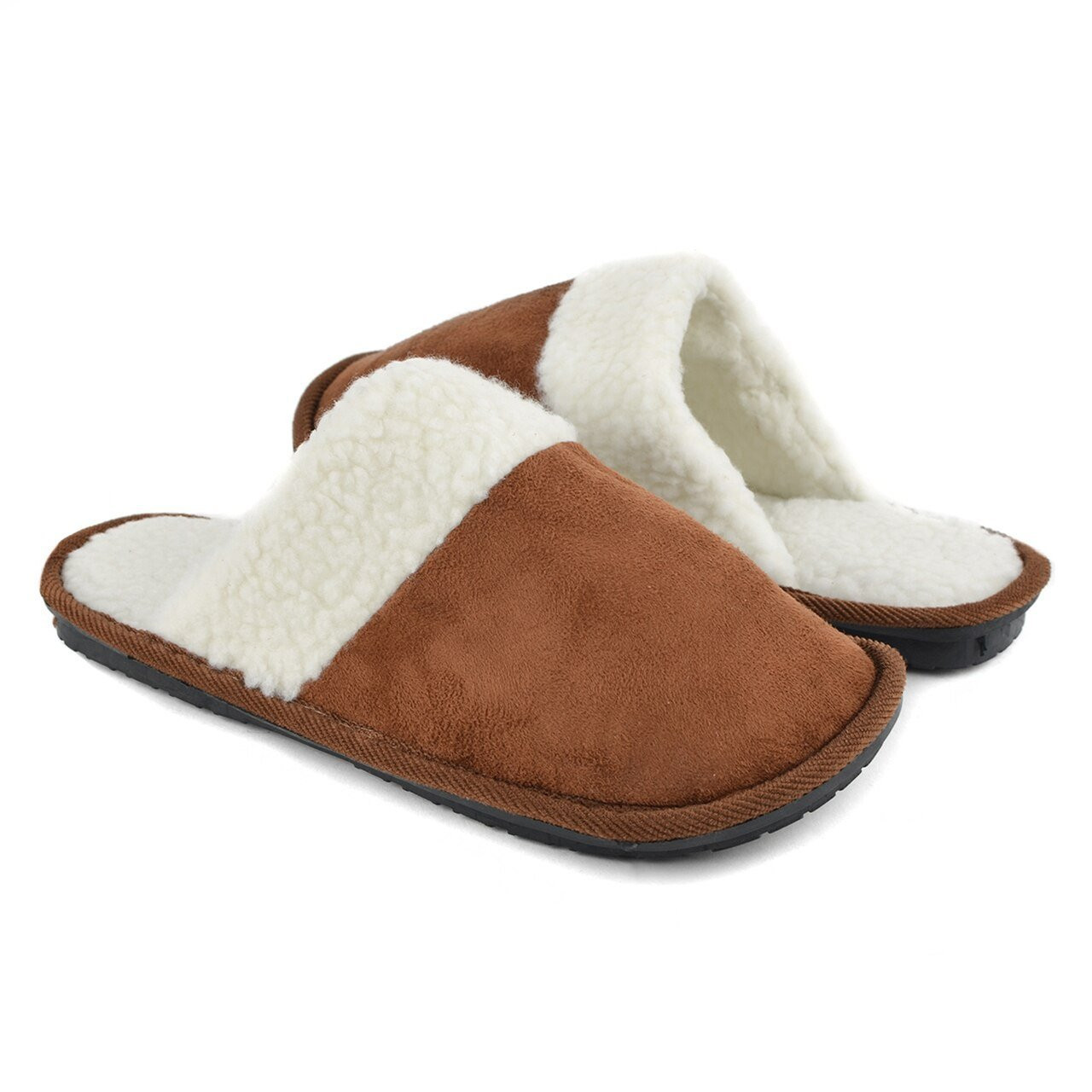 Men's Solid Color Classic Comfy Fuzzy Slippers - Brown