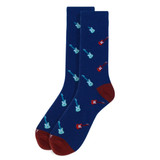 Men's Mini Red Blue Guitars Pattern Premium Crew Novelty Socks - Navy Maroon