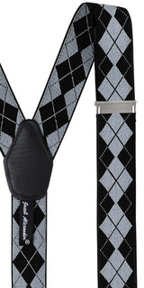 Men's Argyle Y-Back Suspenders Braces Convertible Leather Ends Clips - Black Grey