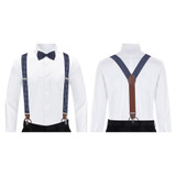 Men's Polka Dot Y-Back Suspenders Braces Convertible Leather Ends and Clips - Navy