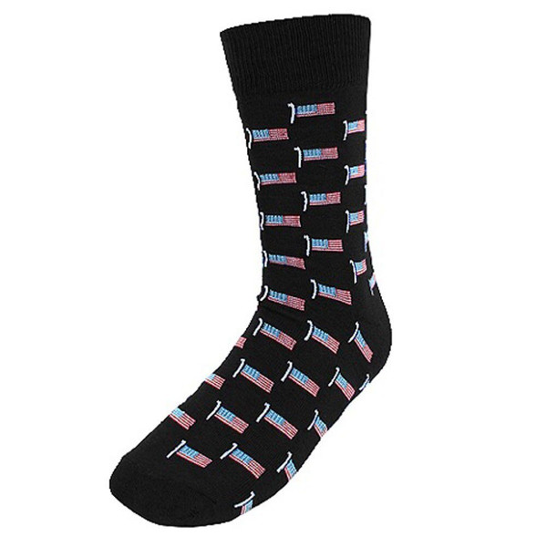 Men's U.S.A. American Flags on Poles Pattern Crew Novelty Socks - Black