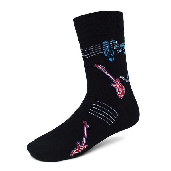 Men's Guitar Musical Notes and Bar Lines Pattern Crew Novelty Socks - Black Red Blue